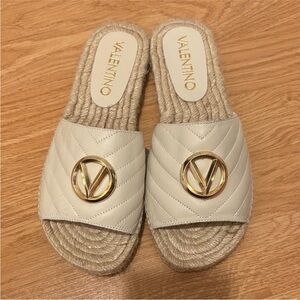 Valentino Cream Espadrille Slides with Gold Logo